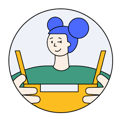 Persona Medial Student Sarah Cartoon illustration of a female with blue spacebun hair